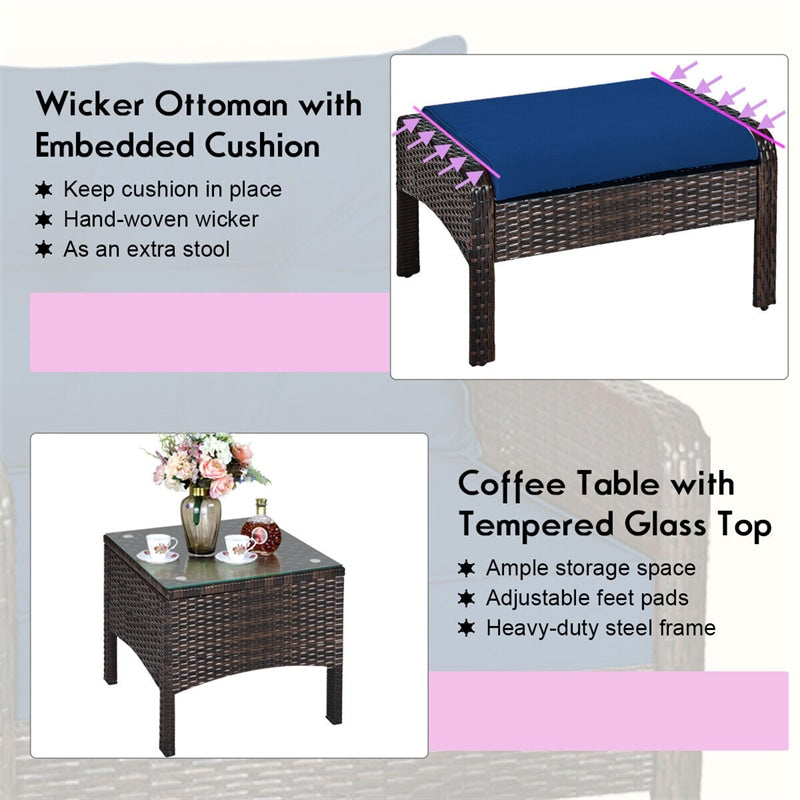 5 Pcs Rattan Patio Furniture Set Conversation Sofa Coffee Table Set with Cushioned Sofas & Ottomans