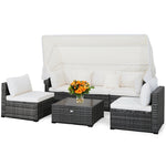 6-Piece Outdoor Rattan Patio Conversation Set with 3-Seat Daybed Sofa & Retractable Canopy