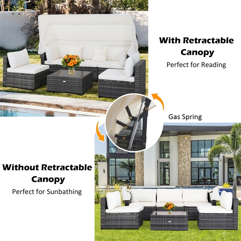 6-Piece Outdoor Rattan Patio Conversation Set with 3-Seat Daybed Sofa & Retractable Canopy