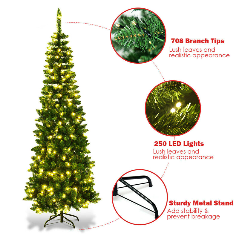6.5FT Prelit Hinged Pencil Christmas Tree w/ LED Lights and Solid Metal Stand