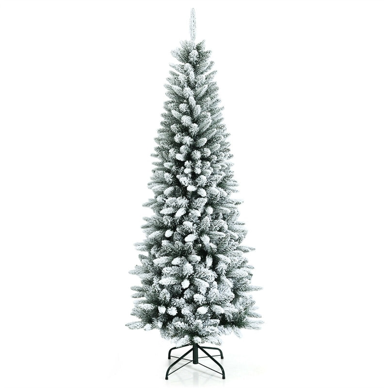 6.5ft Snow Flocked Pencil Christmas Tree Hinged Artificial Slim Xmas Tree with 829 Branch Tips & Metal Stand