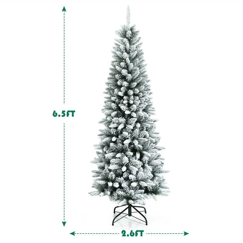 6.5ft Snow Flocked Pencil Christmas Tree Hinged Artificial Slim Xmas Tree with 829 Branch Tips & Metal Stand