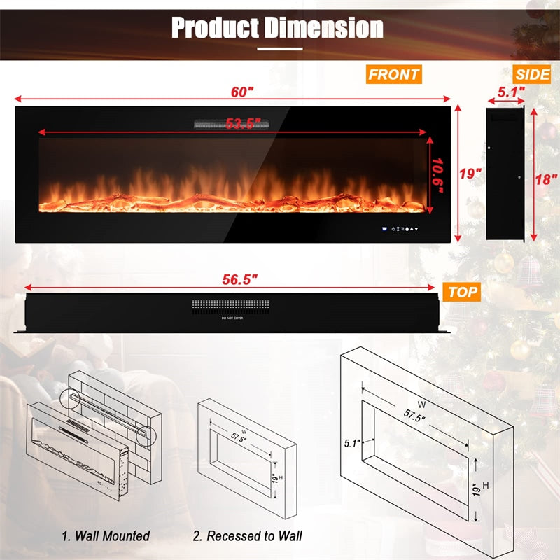 60" Electric Fireplace Insert 5000 BTU Recessed Fireplace with Decorative Crystal & 9 Flame Colors