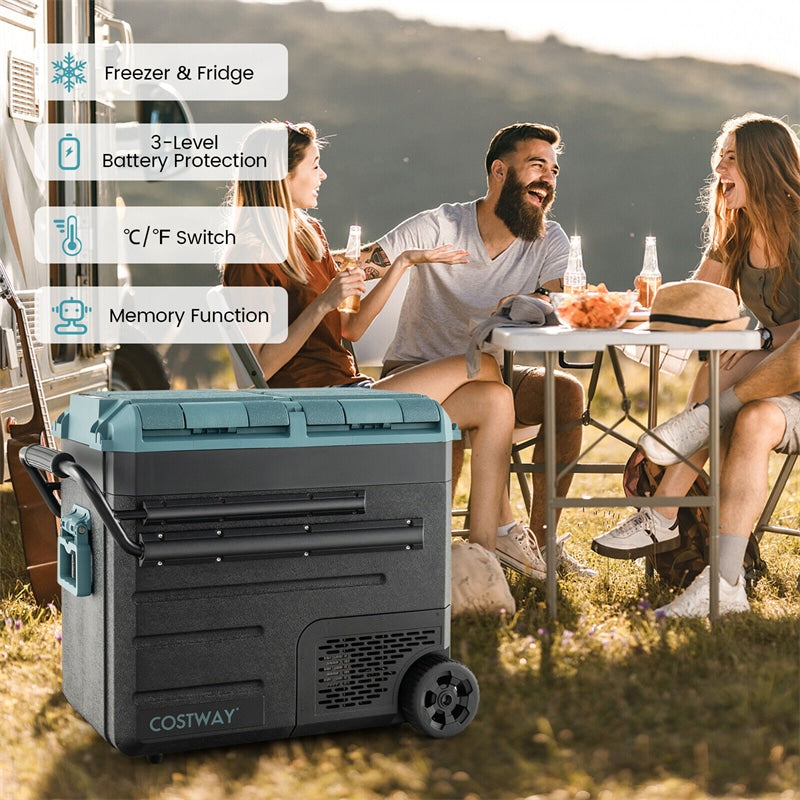 61 Quart Portable Car Refrigerator with Wheels 12/24V DC & 110-240V AC Dual-zone Electric Car Cooler Fridge for RV Camping Travel Home