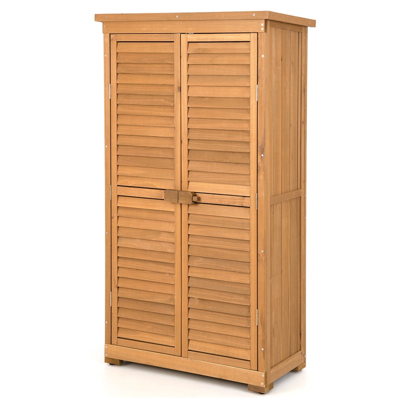 63” Wood Outdoor Storage Cabinet Garden Tool Shed with Double Lockable Doors 3 Shelves Asphalt Roof