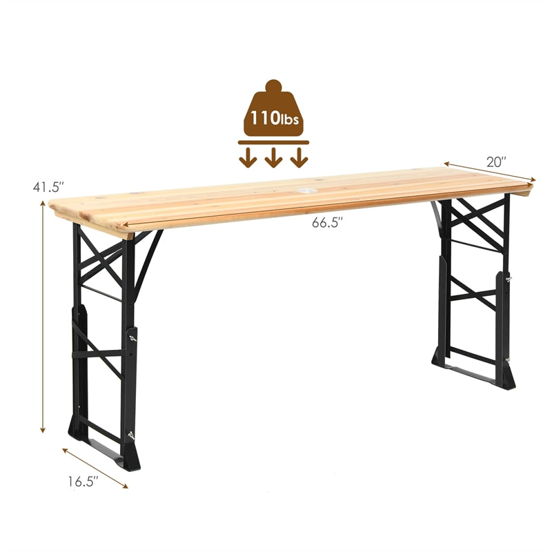 66.5 Inch Adjustable Height Outdoor Wood Folding Picnic Table Beer Table with Umbrella Hole