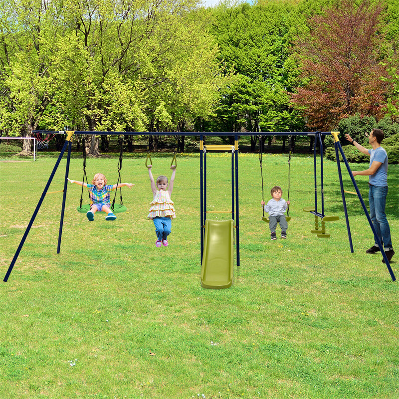 660 lbs Swing Set 7-in-1 Heavy Duty Swing Set Kids Backyard A-Frame Metal Swing Stand with 2 Swings, Fun Glider, Slide & Gym Rings
