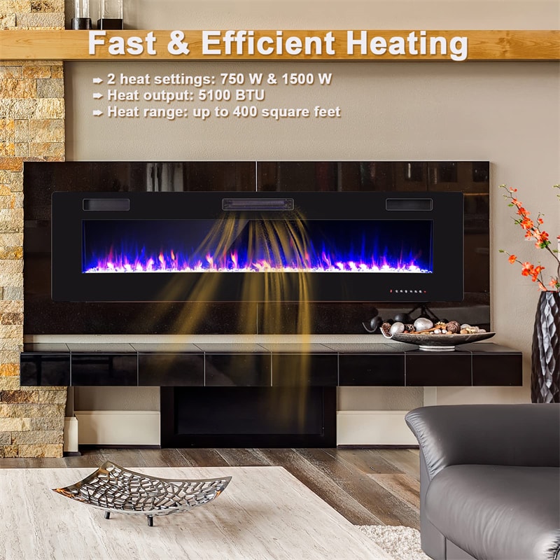 68" Ultra-Thin Electric Fireplace Insert, Recessed Wall Mounted Fireplace with Crystal Log Decoration, Adjustable Flame, Remote Control, ETL Certified