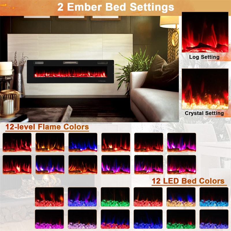 68" Ultra-Thin Electric Fireplace Insert, Recessed Wall Mounted Fireplace with Crystal Log Decoration, Adjustable Flame, Remote Control, ETL Certified