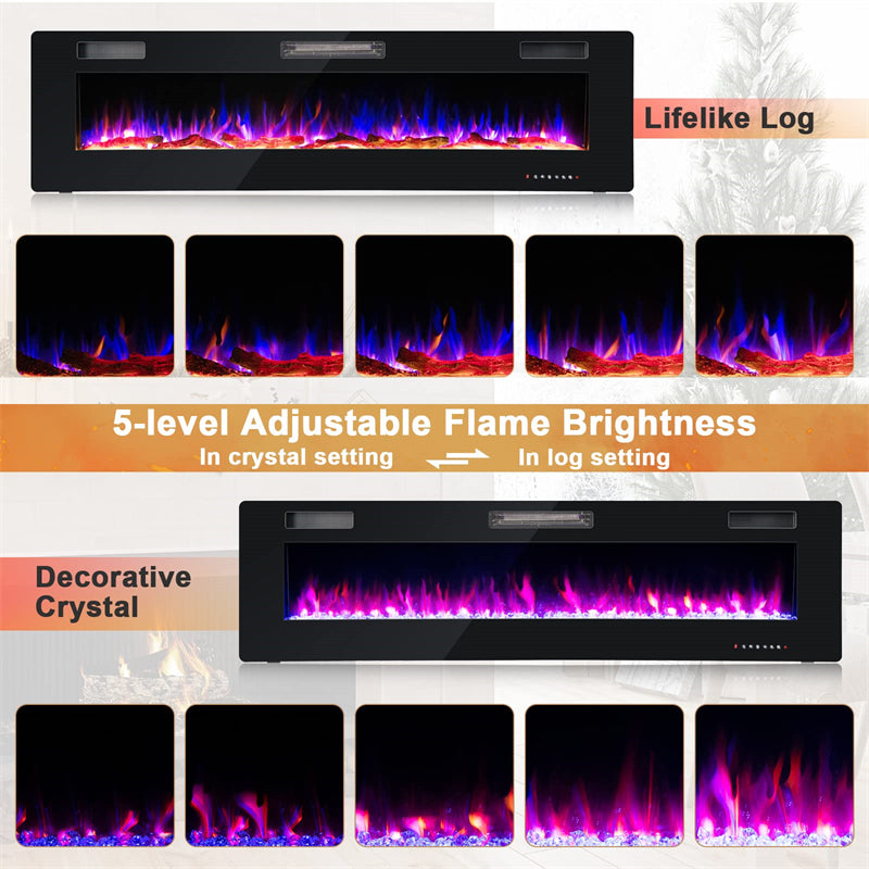 68" Ultra-Thin Electric Fireplace Insert, Recessed Wall Mounted Fireplace with Crystal Log Decoration, Adjustable Flame, Remote Control, ETL Certified