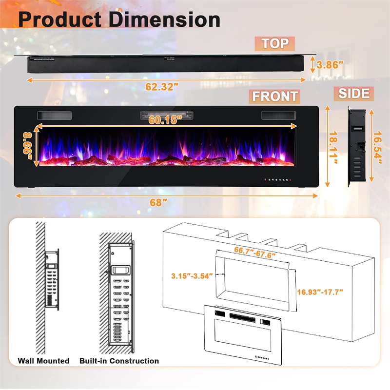 68" Ultra-Thin Electric Fireplace Insert, Recessed Wall Mounted Fireplace with Crystal Log Decoration, Adjustable Flame, Remote Control, ETL Certified