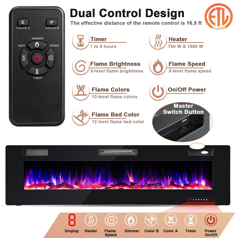 68" Ultra-Thin Electric Fireplace Insert, Recessed Wall Mounted Fireplace with Crystal Log Decoration, Adjustable Flame, Remote Control, ETL Certified
