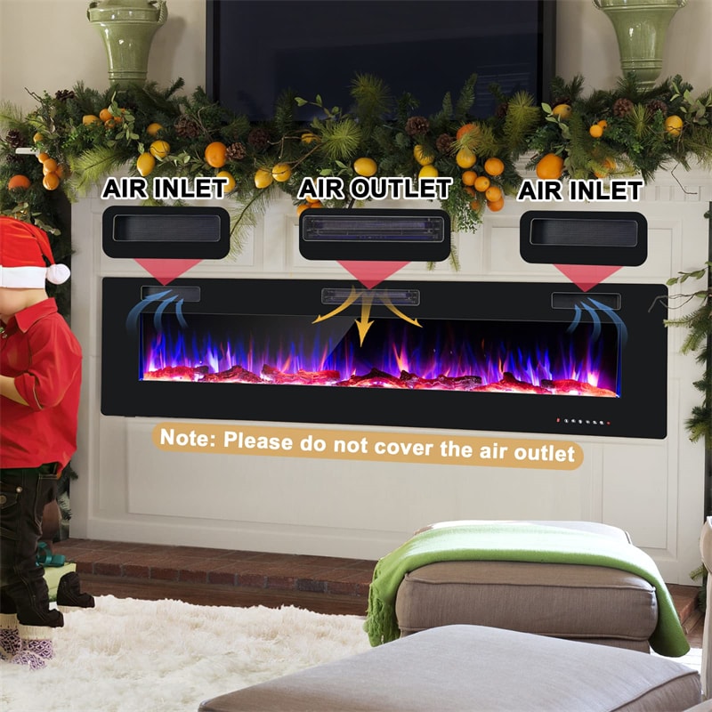 68 Inch Ultra-Thin Electric Fireplace Insert Recessed Wall Mounted Fireplace with Remote Control Crystal Log Decoration Adjustable Flame Effect