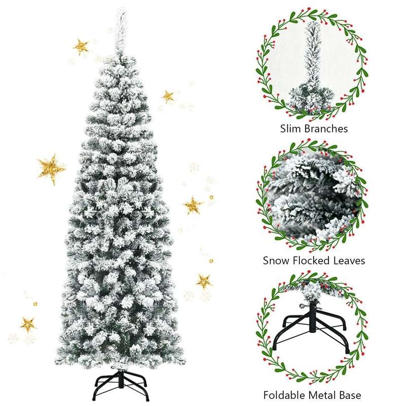 6FT Unlit Hinged Snow-flocked Artificial Pencil Christmas Tree with 500 Branch Tips