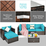 6 PCS Patio Rattan Sectional Furniture Set with Glass Coffee Table & Cushions Sofa Ottoman