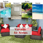 6 PCS Patio Rattan Sectional Furniture Set with Glass Coffee Table & Cushions Sofa Ottoman