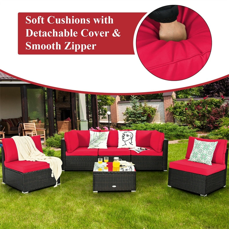 6 Pcs Patio Rattan Conversation Set Wicker Outdoor Sectional Seating Group with Cushions & Coffee Table