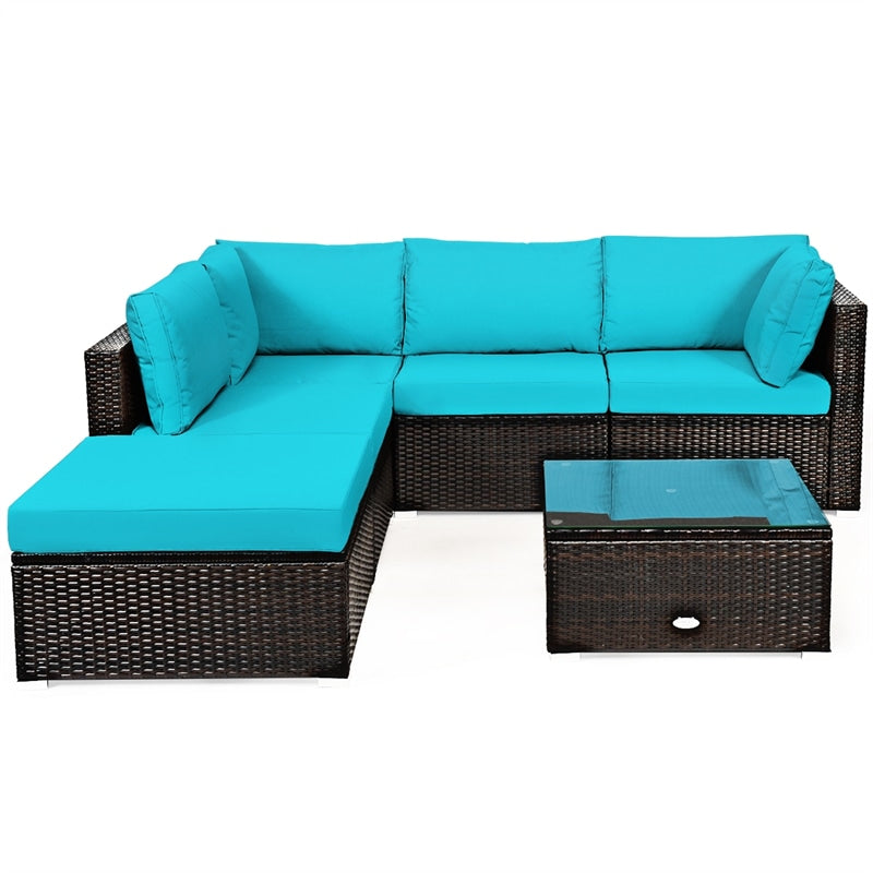 6 Piece Rattan Patio Seating Group Outdoor Wicker Sectional Furniture with Coffee Table & Cushions