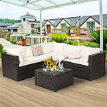 6 Pieces Rattan Patio Sectional Sofa Wicker Conversation Set with Glass Coffee Table & Cushions