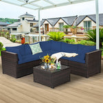 6 Pieces Patio Rattan Sofa Set Wicker Conversation Set with Glass Coffee Table & Cushions