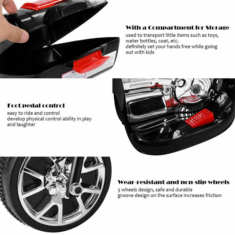 6V Kids Ride-On Motorcycle, Battery Powered 3-Wheel Motorcycle with LED Headlights, Music, Storage Trunk, Electric Motorcycle Toy for Boys/Girls
