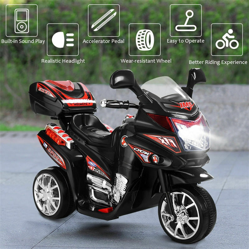 6V Kids Ride-On Motorcycle, Battery Powered 3-Wheel Motorcycle with LED Headlights, Music, Storage Trunk, Electric Motorcycle Toy for Boys/Girls