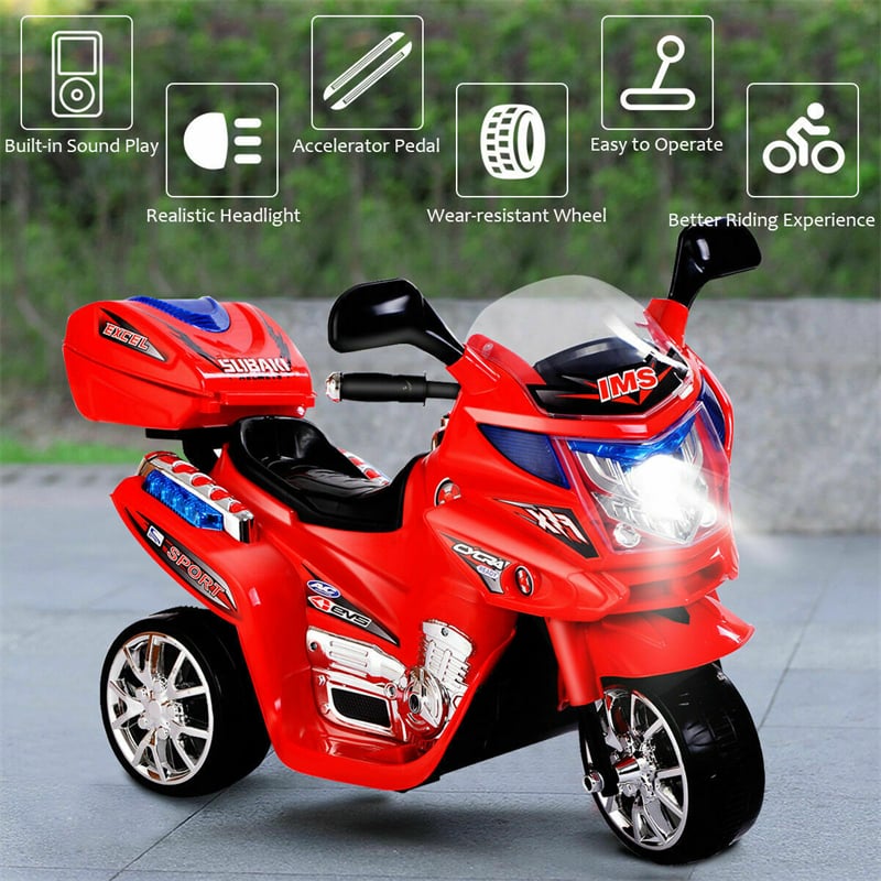 6V Kids Ride-On Motorcycle, Battery Powered 3-Wheel Motorcycle with LED Headlights, Music, Storage Trunk, Electric Motorcycle Toy for Boys/Girls