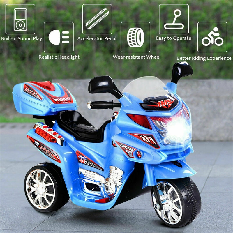 6V Kids Ride-On Motorcycle, Battery Powered 3-Wheel Motorcycle with LED Headlights, Music, Storage Trunk, Electric Motorcycle Toy for Boys/Girls