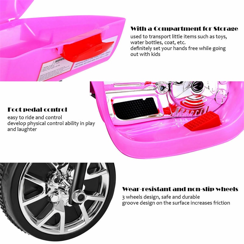 6V Kids Ride-On Motorcycle, Battery Powered 3-Wheel Motorcycle with LED Headlights, Music, Storage Trunk, Electric Motorcycle Toy for Boys/Girls