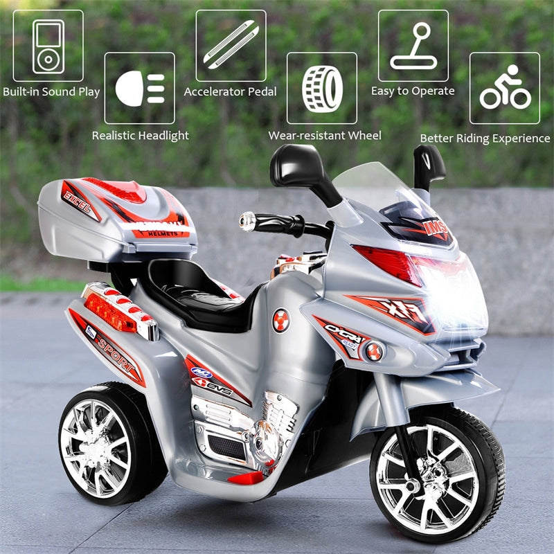 6V Kids Ride-On Motorcycle, Battery Powered 3-Wheel Motorcycle with LED Headlights, Music, Storage Trunk, Electric Motorcycle Toy for Boys/Girls