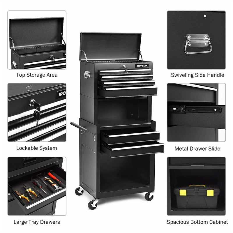 6-Drawer Rolling Tool Chest 3-in-1 Storage Cabinet Toolbox Combo with Auto Locking System & Lockable Wheels