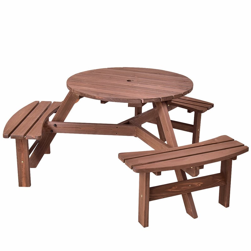 6 Person Outdoor Wood Picnic Table Backyard Garden Patio Round Table with 3 Built-in Benches & Umbrella Hole