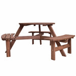 6 Person Outdoor Wood Picnic Table Backyard Garden Patio Round Table with 3 Built-in Benches & Umbrella Hole