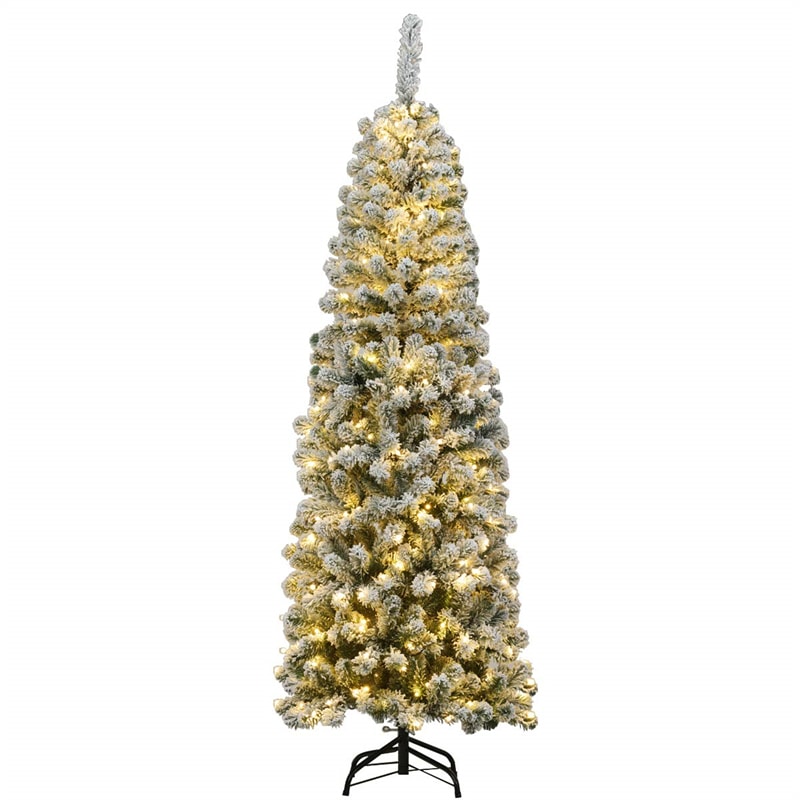 6ft Pre-lit Snow Flocked Pencil Artificial Christmas Tree with 250 LED Lights & Metal Stand