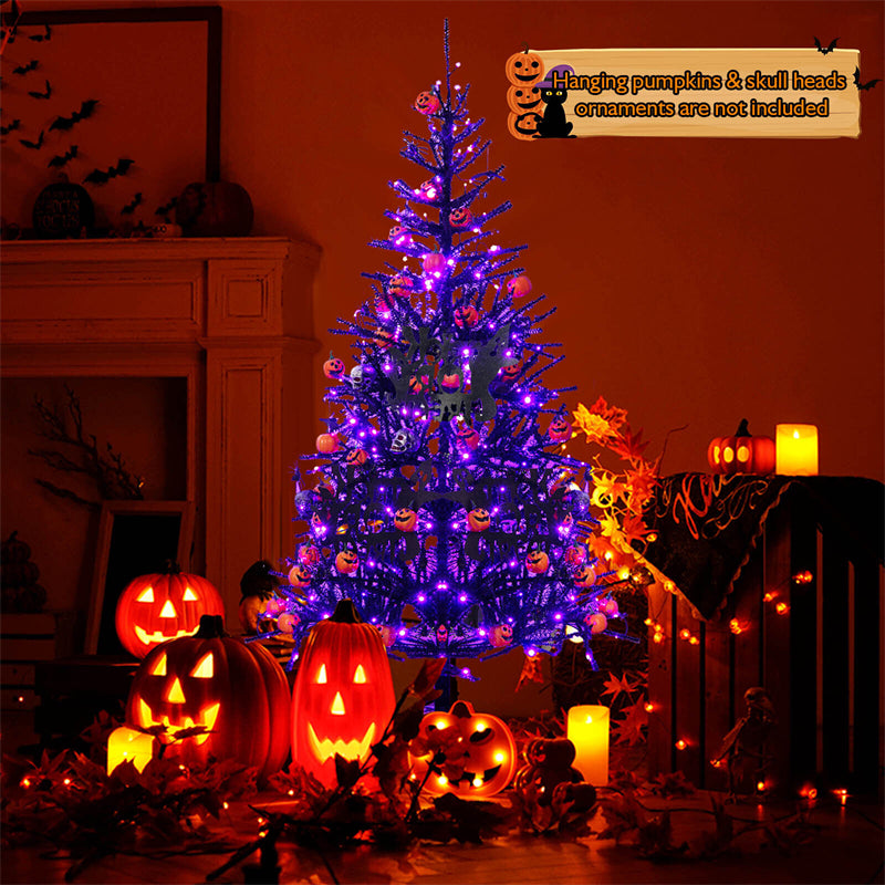 6ft Pre-lit Halloween Tree Hinged Artificial Black Christmas Tree with 250 Purple LED Lights & 25 Ornaments