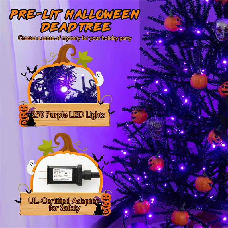 6ft Pre-lit Halloween Tree Hinged Artificial Black Christmas Tree with 250 Purple LED Lights & 25 Ornaments
