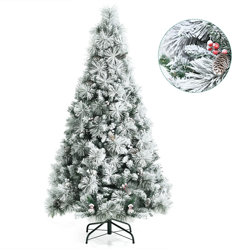 6ft Snow Flocked Hinged Christmas Tree with Pine Cone Red Berries