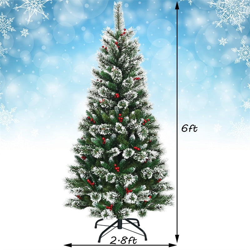 6ft Snow Flocked Pencil Artificial Christmas Tree with Red Berries