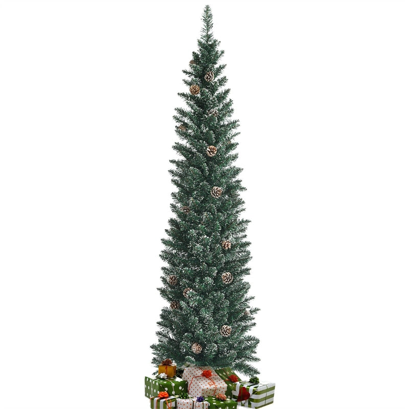 6ft Snow Flocked Slim Artificial Pencil Christmas Tree with Pine Cones Metal Stand
