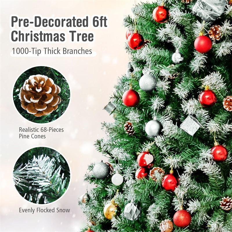 6ft Unlit Artificial Snow Flocked Christmas Tree with Pine Cones and Metal Stand
