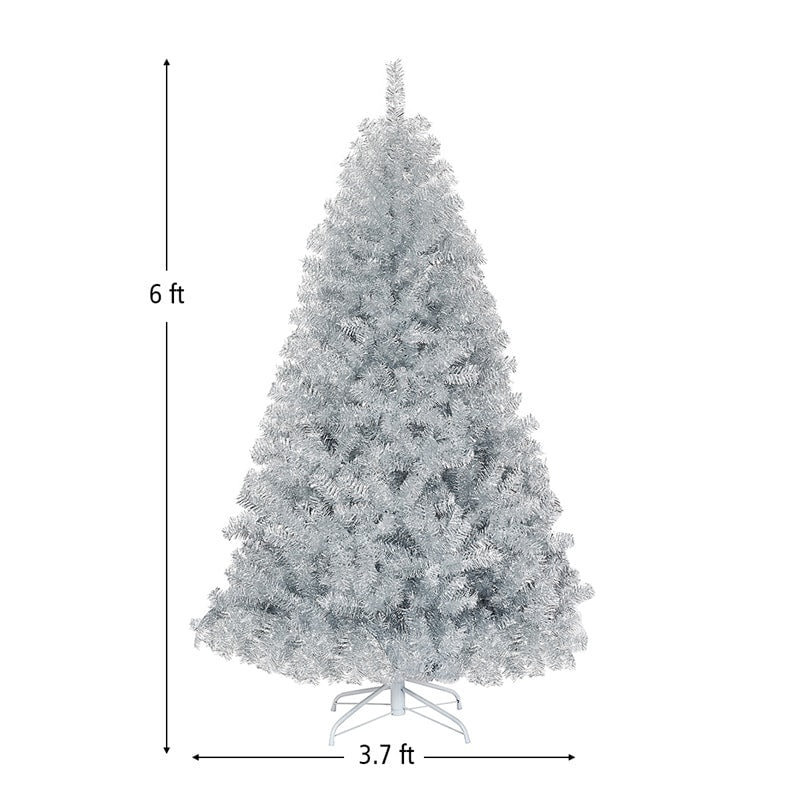 6ft Unlit Hinged Silver Tinsel Artificial Christmas Tree with Metal Stand