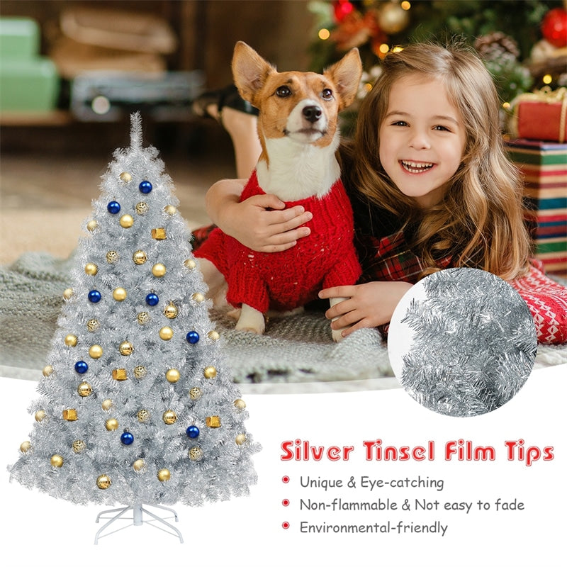 6ft Unlit Hinged Silver Tinsel Artificial Christmas Tree with Metal Stand