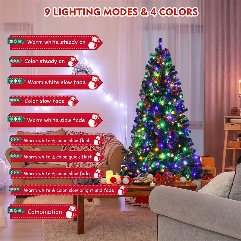 6ft Pre-lit Hinged Artificial Christmas Tree with 9 Lighting Modes 350 Color Changing LED Lights & Remote Control