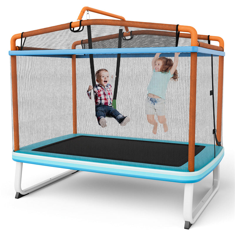 6FT Kids Trampoline ASTM Approved Recreational Trampoline with Swing, Horizontal Bar & Enclosure Net, Mini Rectangle Trampoline for Kids Toddlers Indoor/Outdoor