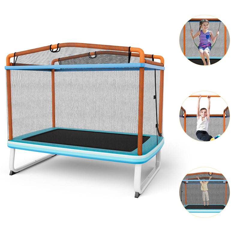 6FT Rectangle Kids Trampoline 3-in-1 Indoor Outdoor Toddler Recreational Trampoline with Swing Safety Enclosure Net Horizontal Bar