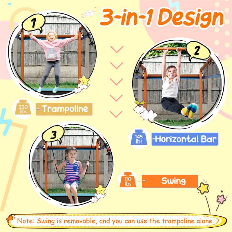 6FT Kids Trampoline 3-in-1 Outdoor Indoor Recreational Trampoline Toddler Mini Rectangle Trampoline with Swing & Horizontal Bar