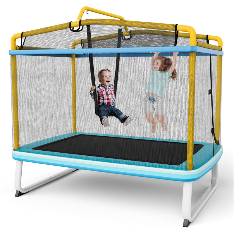 6FT Kids Trampoline ASTM Approved Recreational Trampoline with Swing, Horizontal Bar, Enclosure Net, Indoor Outdoor Mini Rectangle Trampoline