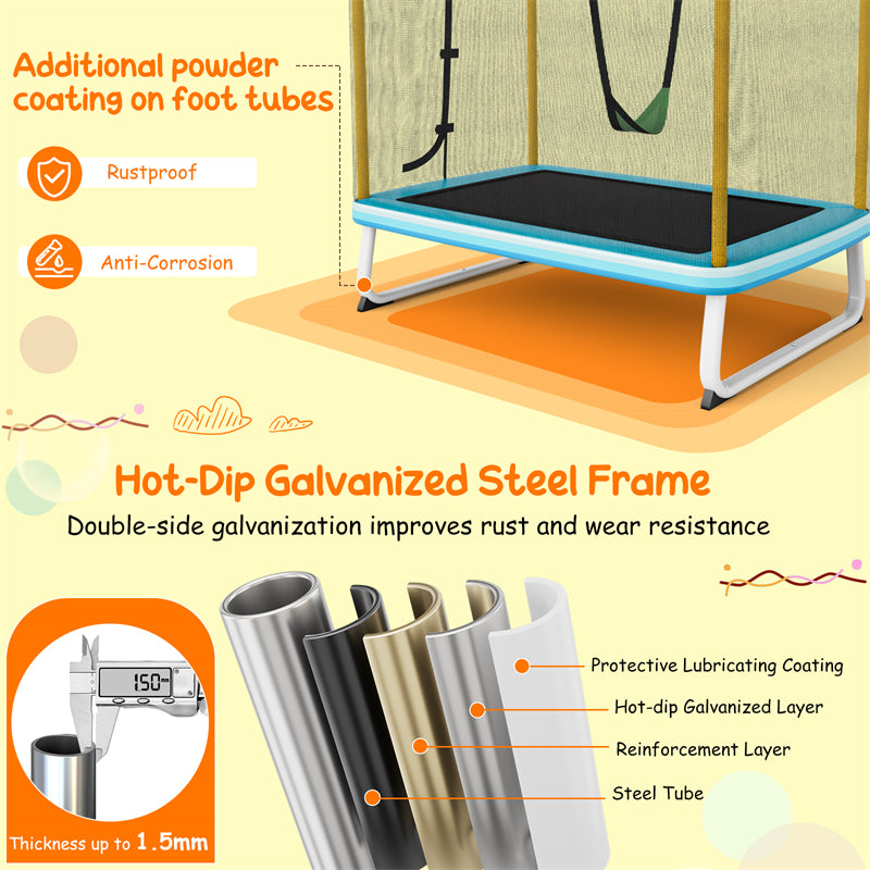 6FT Rectangle Kids Trampoline 3-in-1 Indoor Outdoor Toddler Recreational Trampoline with Swing Safety Enclosure Net Horizontal Bar