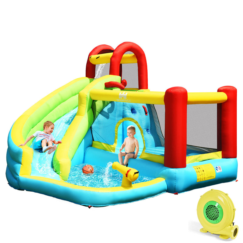 6 in 1 Inflatable Water Slide Bounce House Splash Pool Climbing Wall Basketball Hoop with 480W Blower