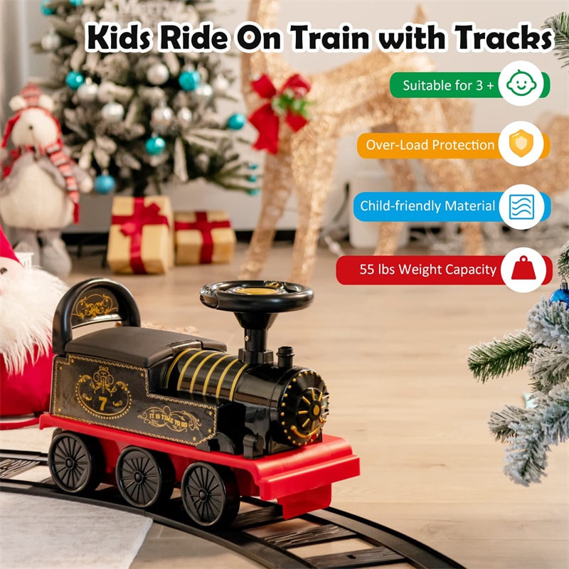 6V Battery Powered Electric Kids Ride on Train Motorized Train Toy with Tracks & Storage Seat
